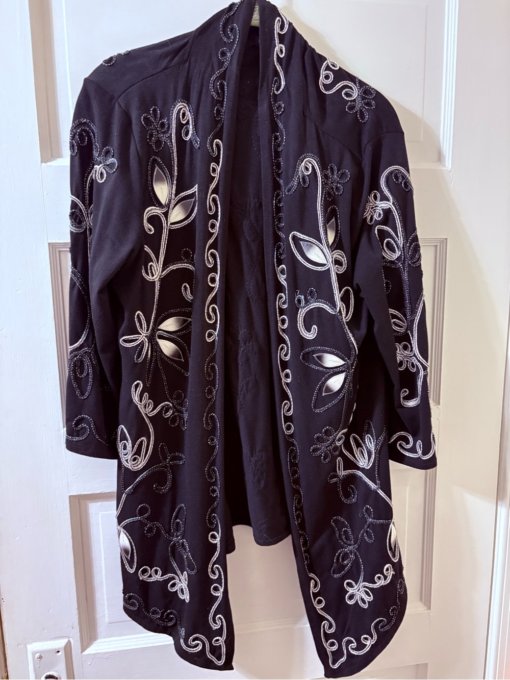 Lauren Michelle Black Open-Front Jacket with White Embroidered Floral Design